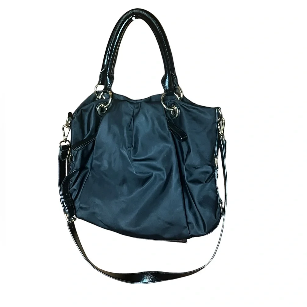 VINCENT CAMUTO BLACK NYLON PURSE WITH GOLD HARDWARE & SHOULDER STRAP
